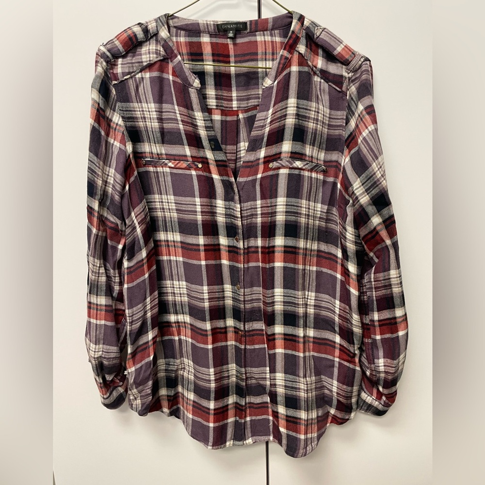 Dynamite Women's Plaid Button-Down Shirt - Purple, Red, White